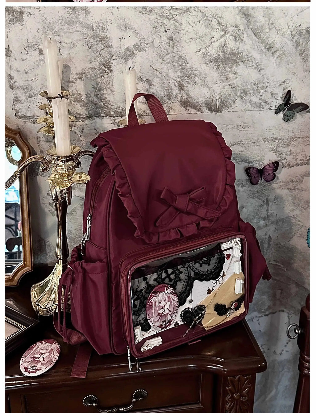 Original Two-dimensional Cute Transparent Large-capacity Backpack Women Sweet Bow Rabbit Ears Bags Preppy Style Kawaii Backpacks