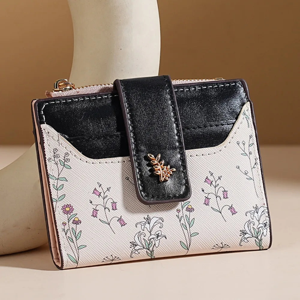 Fashion PU Leather Women Short Wallet Zipper Hasp Small Flowers Card Holder Slim Small Wallet Multi-Cards Coin Purse For Girl