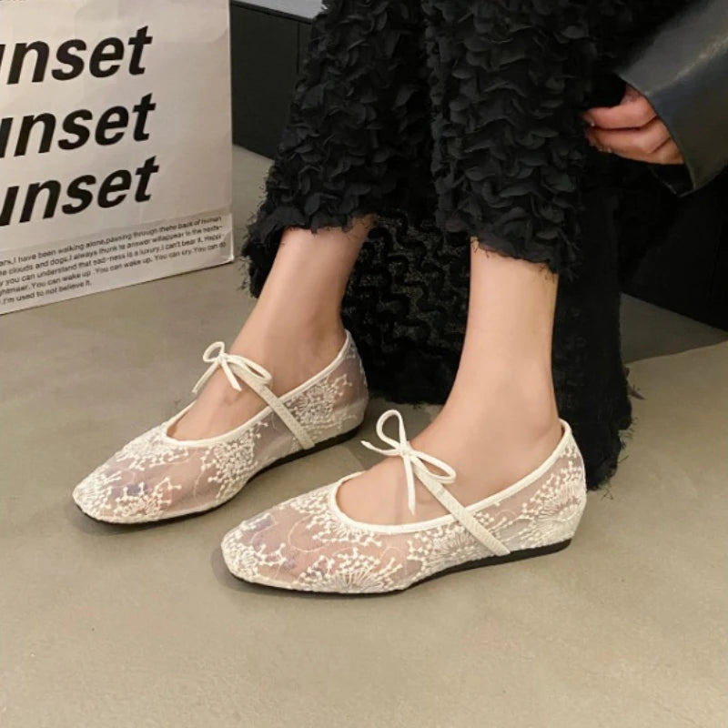 Mesh lace inner heightening women's shoes 2025 summer new sexy square head shallow breathable ballet shoes bow flat shoes