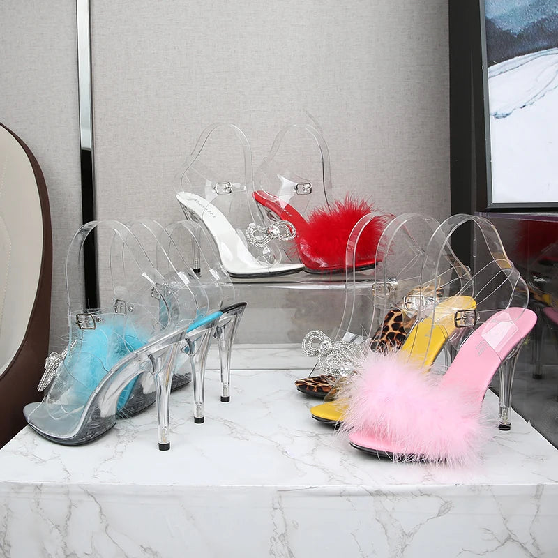 Feather Sandals Women Furry High Heels Ankle Plush Sandals Woman Transparent Heels With Fur Stripper Heeled Sandal Women Evening