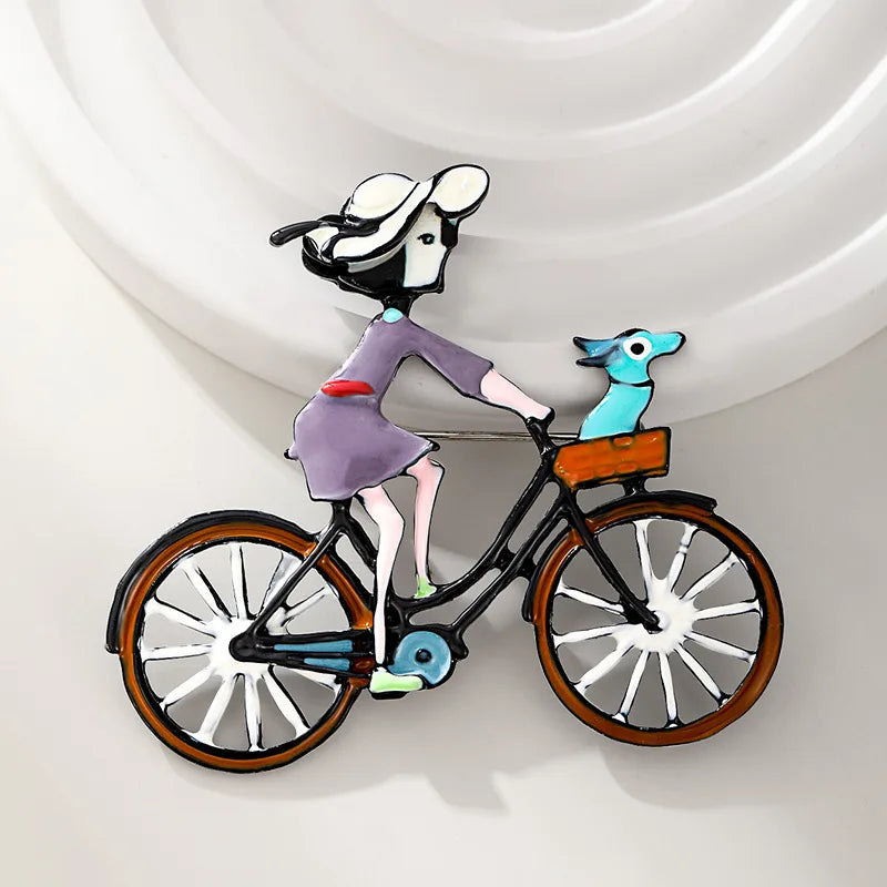 Lindos broches de bicicleta de dibujos animados para mujeres, niñas pequeñas montando en bicicleta, broches de 2 colores, moda casual, alfileres para ropa, mochila, joyería, regalos