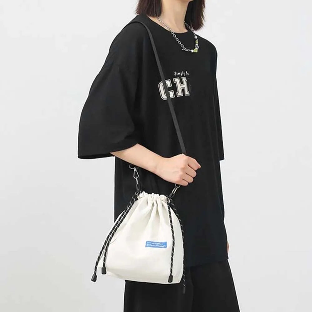 INS Nylon Drawstring Bucket Bag Casual Adjustable Korean Style Shoulder Bag Portable Black/White/Yellow Men Crossbody Bag Travel