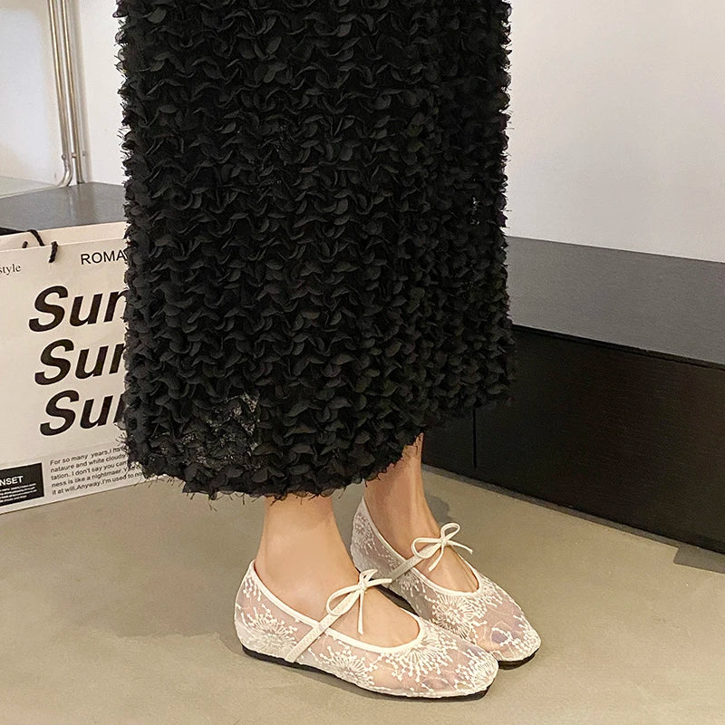 Mesh lace inner heightening women's shoes 2025 summer new sexy square head shallow breathable ballet shoes bow flat shoes