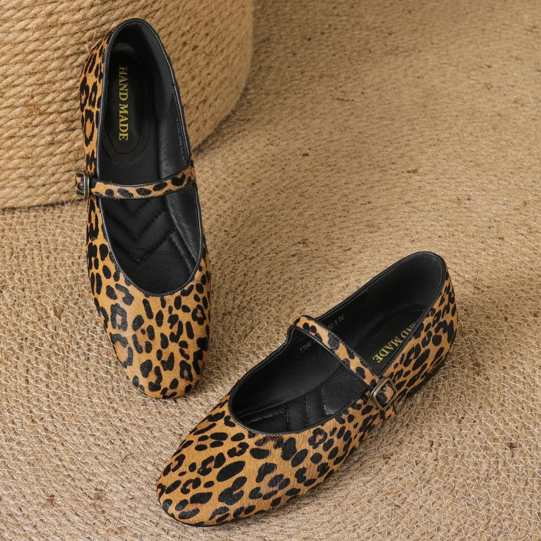 Plus size 34-43 women's leopard horsehair slip-on Mary Jane flats round toe casual female slim daily ballerinas shoes for woman