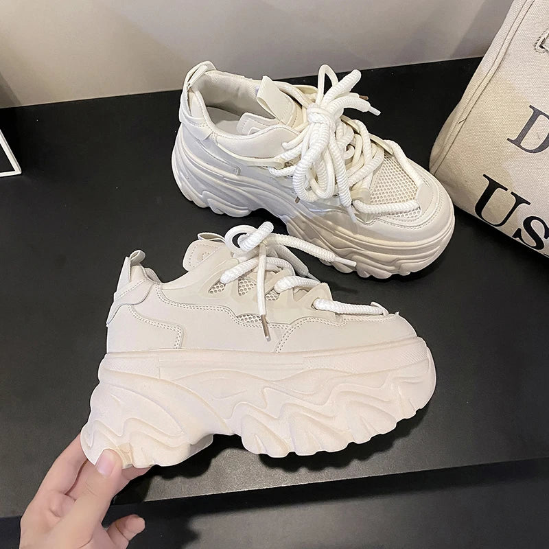 Women Platform Casual Breathable Mesh Shoes 2025 New Summer Chunky Sneakers 8.5CM Wedges Hidden Heels Hollow Leisure Shoes Woman