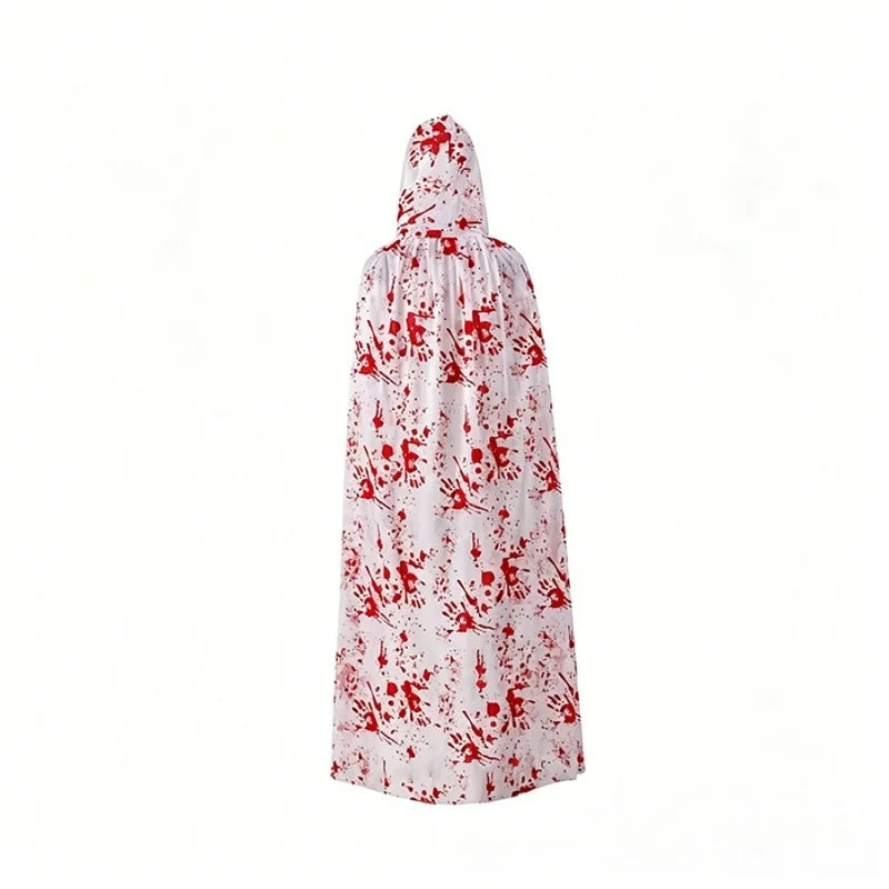 Halloween Blood Splatter Hooded Cloak Black White Blood Handprint Cape Horror Cosplay Costume Ghost Vampire Robe Party Outfit
