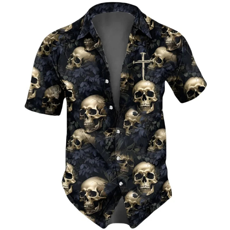 Cool Skull Graphic Beach Shirt For Men Flower Cross Butterfly 3D Print Hawaiian Shirts Summer Vacation Loose Short Sleeve Blouse