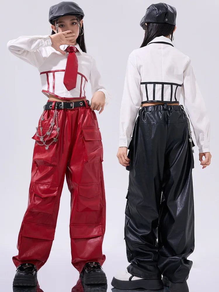 Girls Hip Hop Crop Top Pu Leather Cargo Pants Child School Uniform Costumes Kids Streetwear Jazz K-pop Street Dance Clothes Sets