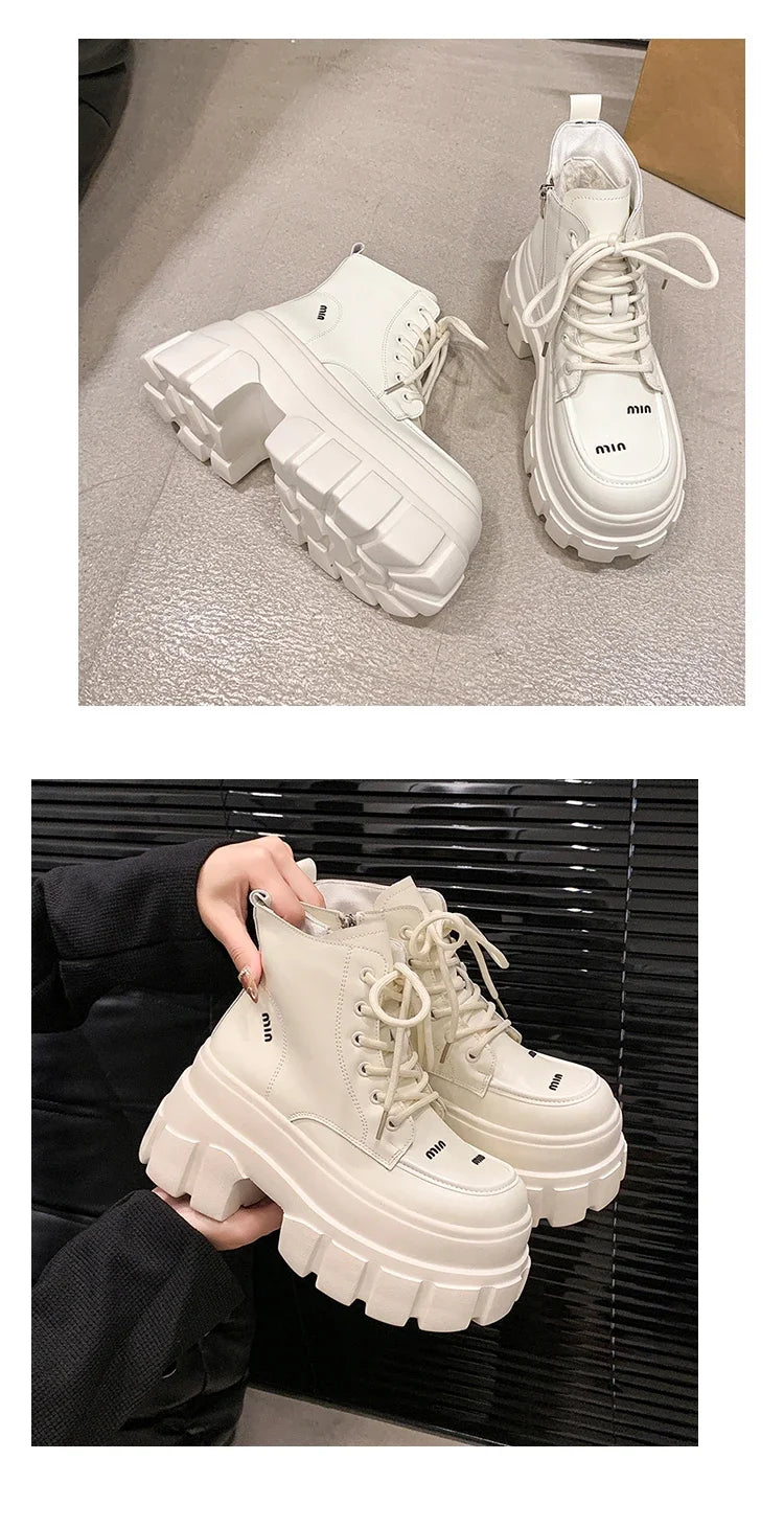 9CM Autumn High Platform Leather Boots Wedge Heels Ankle Boots Winter Women Lace-up Warm Shoes Motorcycle Chunky Sneakers Woman