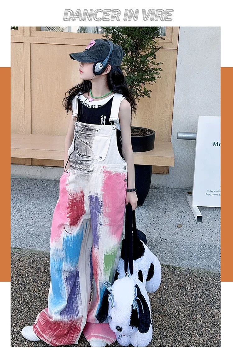 Child Stylish Denim Jumpsuit Dungarees with Drawings for Girl High Fashion Streetwear Suspender Overall Kids Colored Strap Jeans