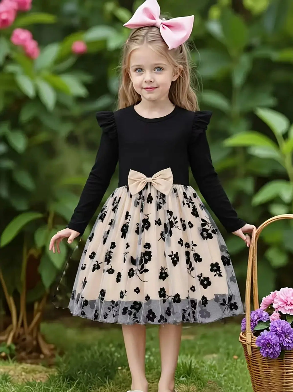 Spring Autumn Infant Toddler Girls round Neck Fly Sleeve Splice Flower Print Tulle Casual Dress for Baby Girls