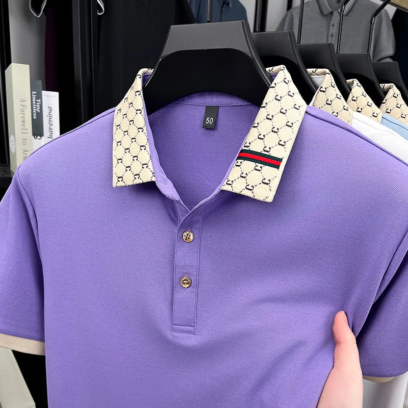 2025 Men's New Luxury High-end Jacquard Collar Lapel T-shirt Breathable Business Casual Top Suitable for Men's Spring and Summer