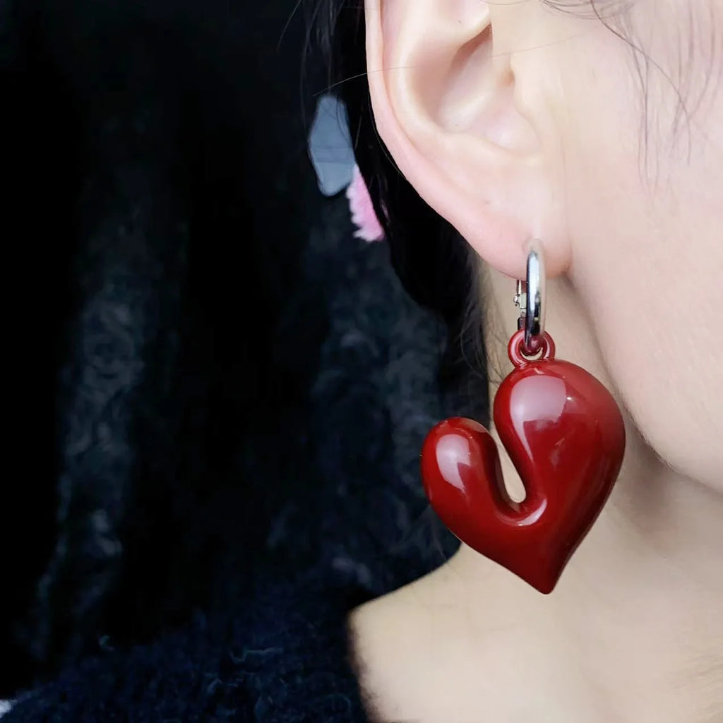 Vintage Wine Red Acrylic Heart Shaped Pendant Earrings For Women Fashion Handmade Round Hoop Earrings Party Jewelry
