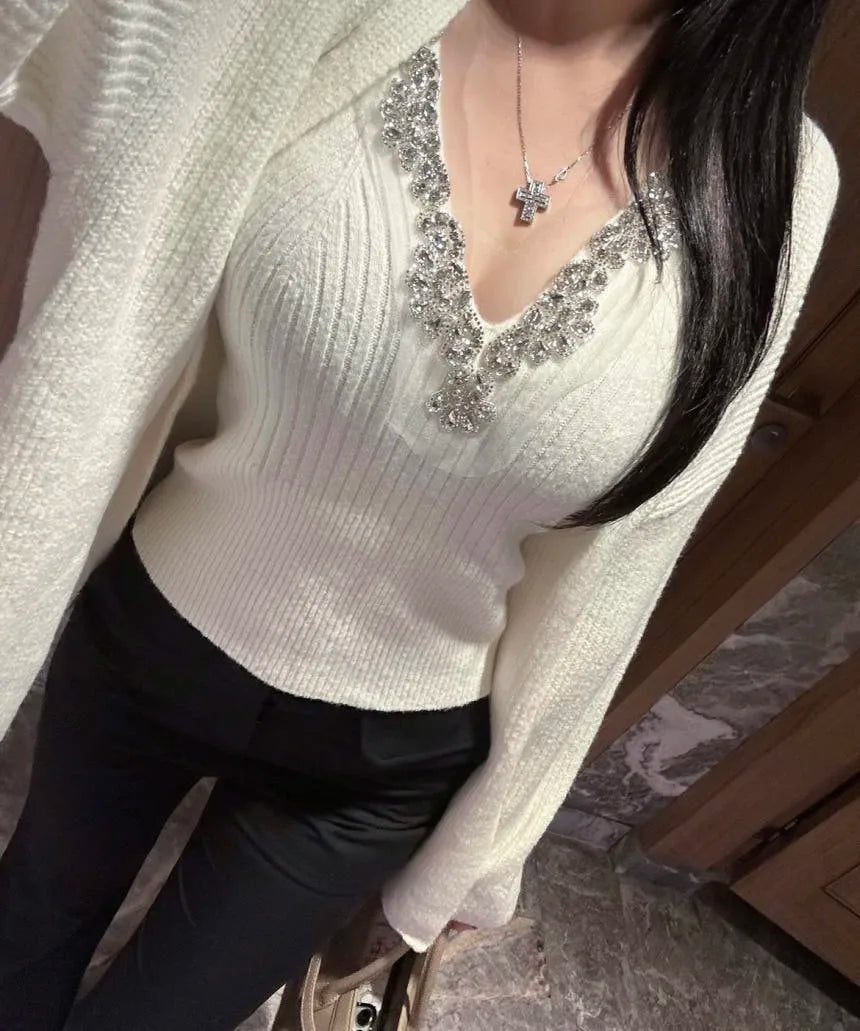 Korean Sle Sexy Sequin Strap Vest Women's Inner Knitted Cardigan Coat Autumn Two-Piece Set Faionable Top And Bot Ensemble
