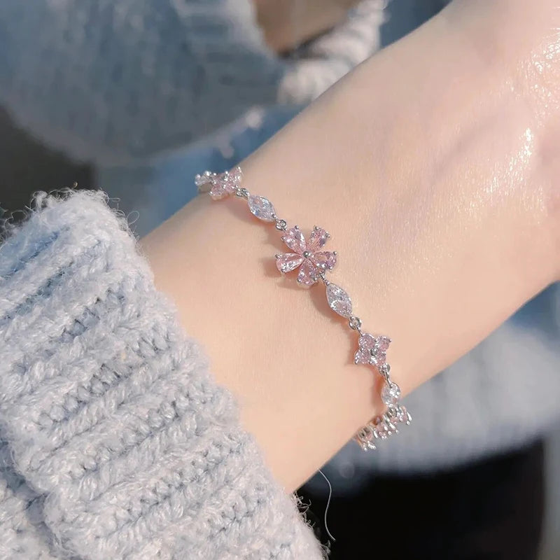 Y2K Sweet Pink Crystal Bracelet for Women Bling Zircon Elegent Blossom Flowers Bracelet Wedding Party Jewelry Gifts