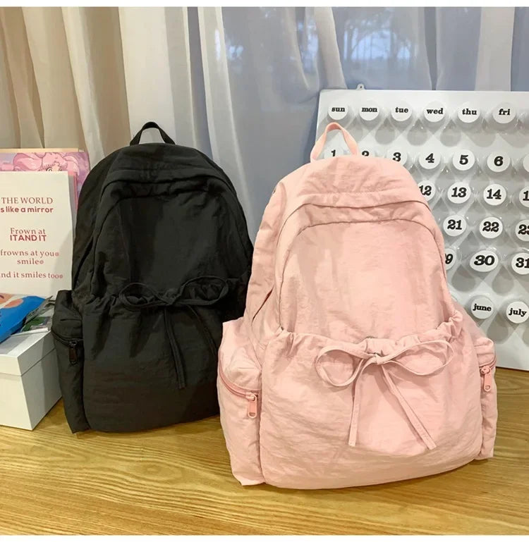 Japanese Style Student Backpack Solid Color Bow Travel School Bag Lightweight and Fashionable Women's Backpack New Simple Casual