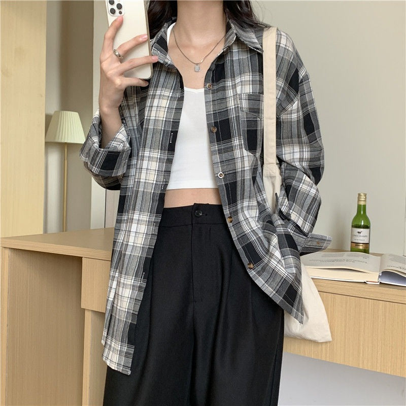 Casual Long Sleeves Autumn Blouse Korean Mid Length Loose Women Winter Plaid Shirt Female Fashion Turn Down Collar Tops