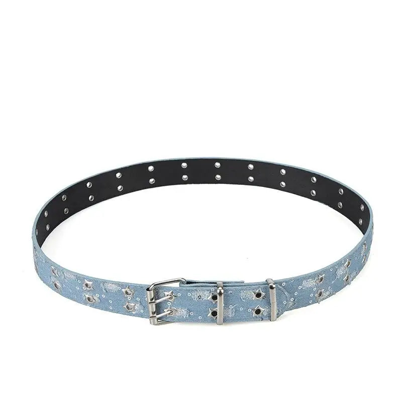 New Luxury Punk Belt Blue Denim Girdle HipHop Star Hollowed Pin Buckle Waistband For Men Women Fashion Accessories