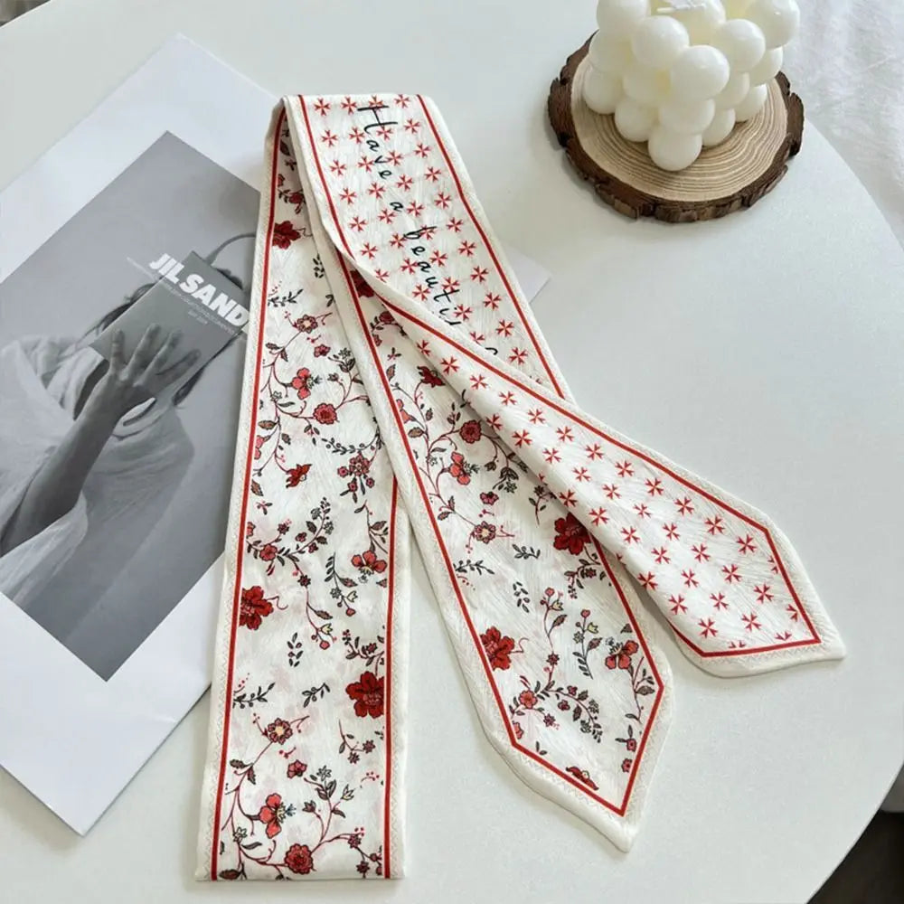 Summer Versatile Satin Silk Ribbon Scarf Fresh Floral Narrow Hair Tie Long Thin Fashion Accessory for Women Bag Strap