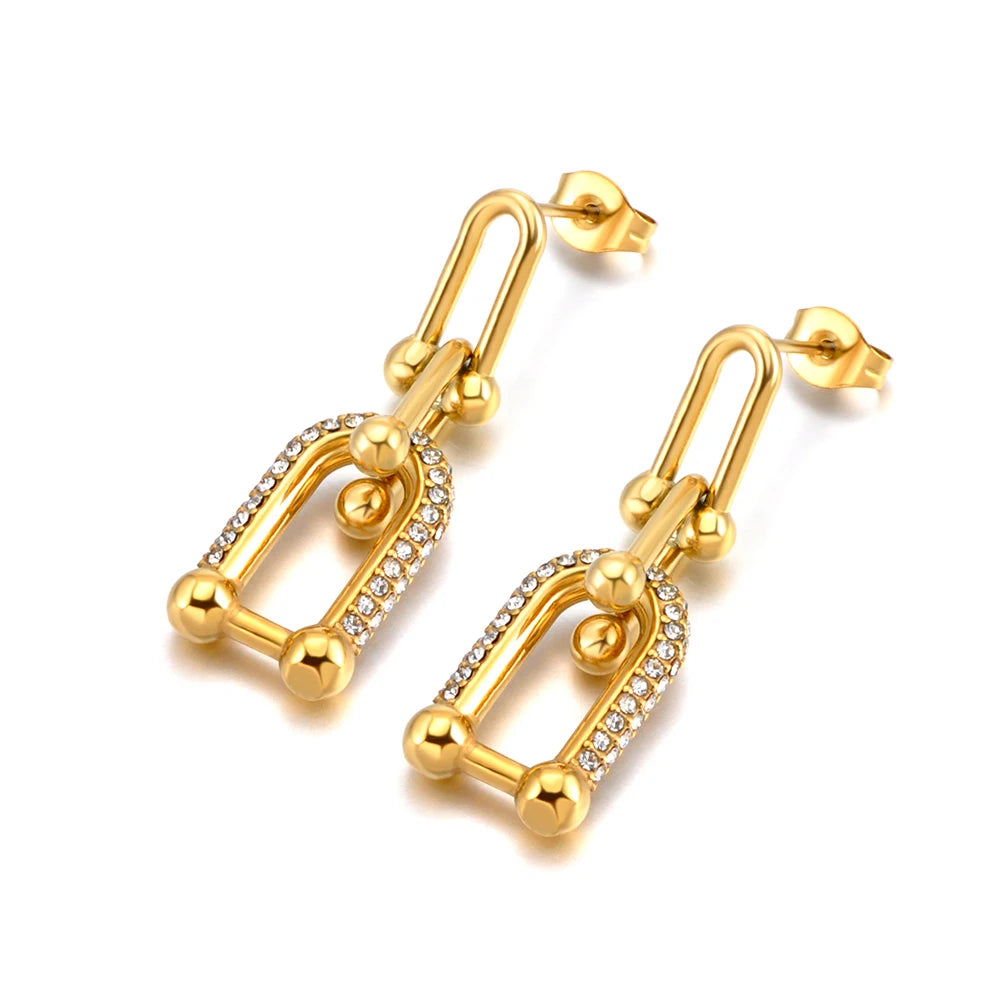 JeeMango 316L Stainless Steel Unique Zircon Horseshoe Earrings for Women Gold Plated U Shape Hoop for Wedding Jewelry Party Gift