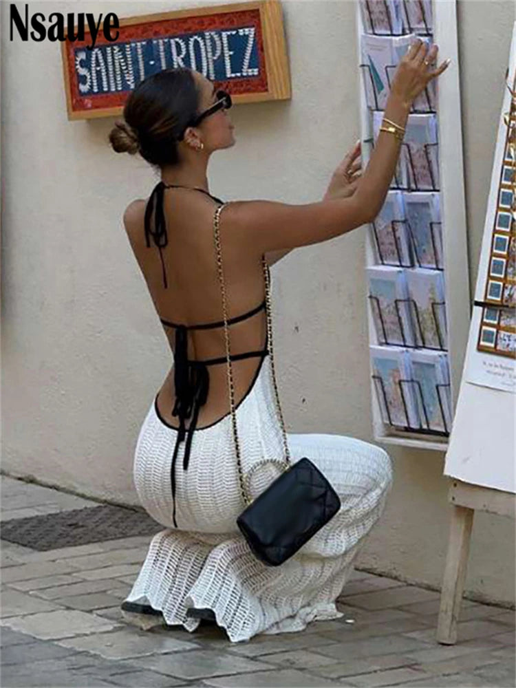 Nsauye Casual Knitted Women Halter Fashion Maxi Hollow Out Dress Summer Beach Long Sexy Backless Party Birthday Club Dress 2024
