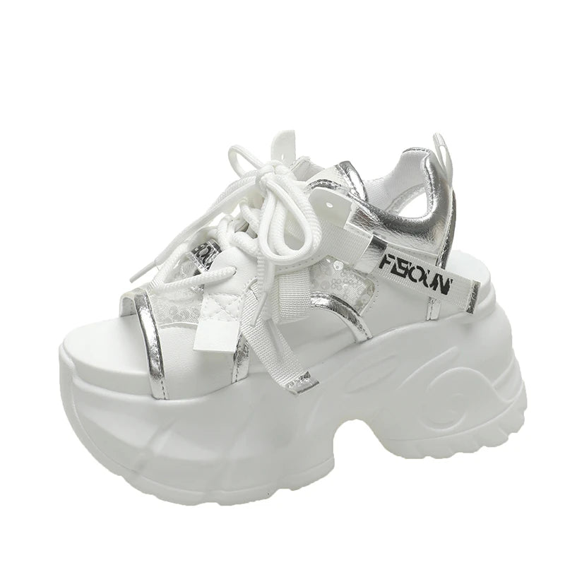 New High Platform Sandals Woman Summer Mesh Chunky Sneakers Female Wedges Slippers For Women Peep Toe Sandalia Feminina 8.5CM