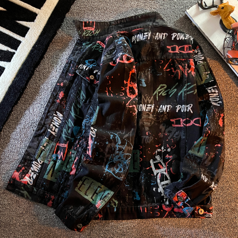Hip Pop Leter Graffiti Denim Jacket Men's Fashion Spring Punk Wear Korean Kpop Trend Slim Top Unisex Handsome Casual Jeans Coat