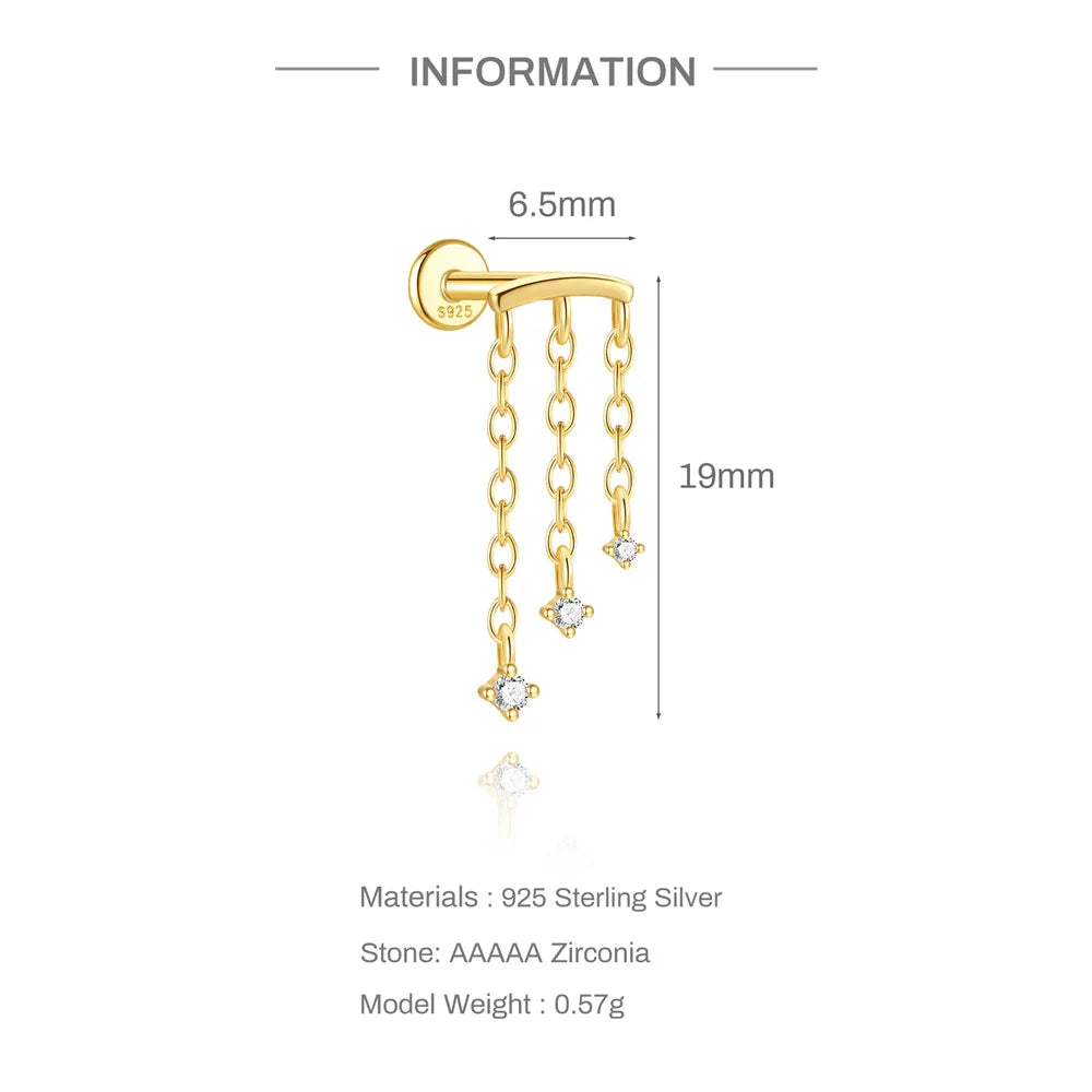 CANNER 1PC Tassel Chain Star Moon 925 Sterling Silver Flat Head Piercing Earring For Woman Ins 14K Gold Plated Dainty Jewelry