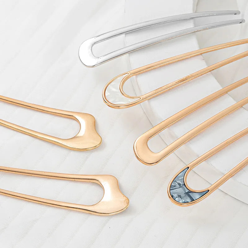 Fashion Luxury Silver Gold Color Elegant Shell Enamel Hairpin for Women Metal U Shape Hair Stick Hairwear Accessories Jewelry
