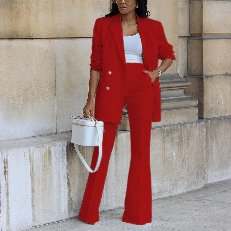 Fashion Wide-leg Trousers Women Blazer Set Autumn Winter Double-breasted Long Suit Coat Trousers Female Suit Office 2-piece Set