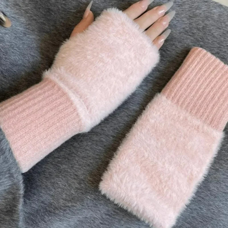 Thermal Fingerless Gloves Women Winter Freeze-proofing Breathable Plush Glove Outdoor Cycling Cold Proof Warm Half Finger Gloves