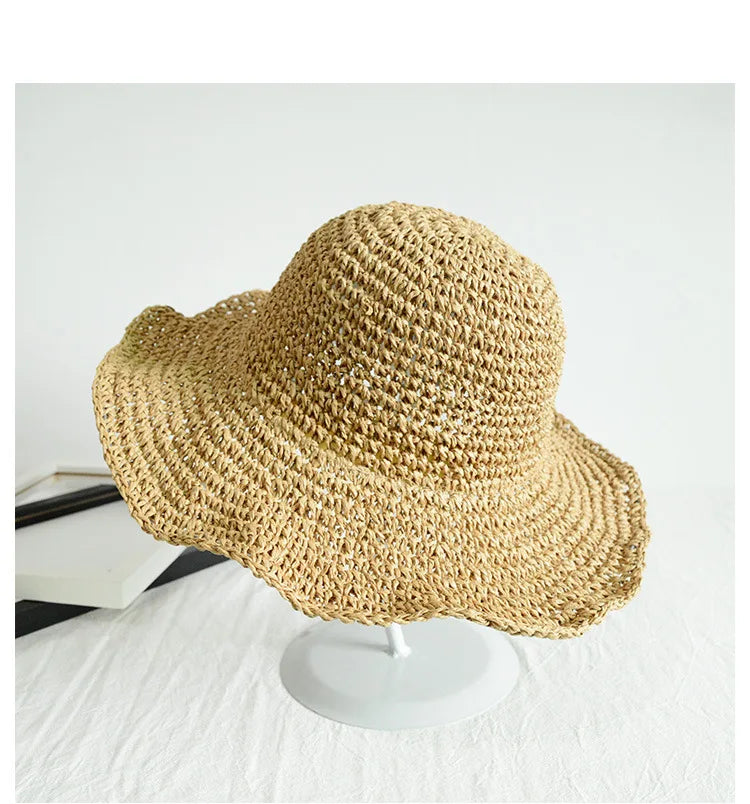 Summer Woven Straw Hat Ladies Beach Hat Sun Hat Wide Brim Soft Simple Fisherman Hat Panama Straw Dome Woven Bucket Hat