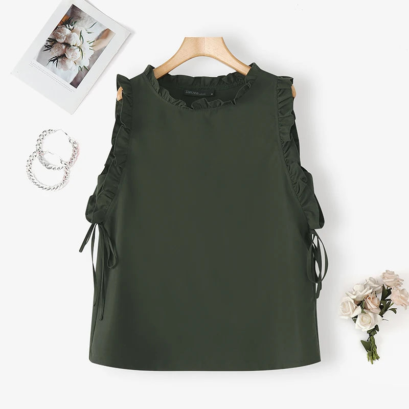 ZANZEA Women Tank Tops 2025 Summer Bandage Casual Loose Tees Sexy Sleeveless Solid Color Shirts Round Neck Ruffled Blusas Tops