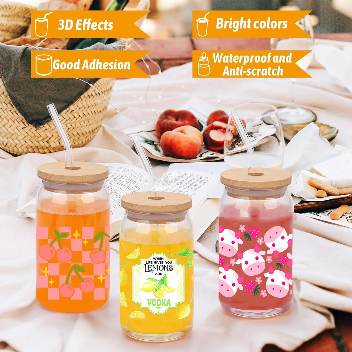Lemon Cherry series easy peel waterproof Party DIY Decals 3D transfers uvdtf tumbler seal stickers 16oz uv dtf cup wraps
