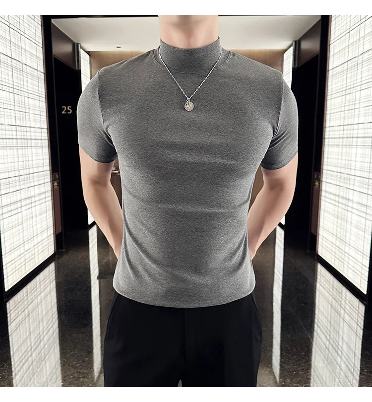 Spring Summer Men's Half High Neck Short Sleeve T-shirt Korean Slim Fit Solid Color Bottom Shirt Casual Cotton Elastic T-shirts