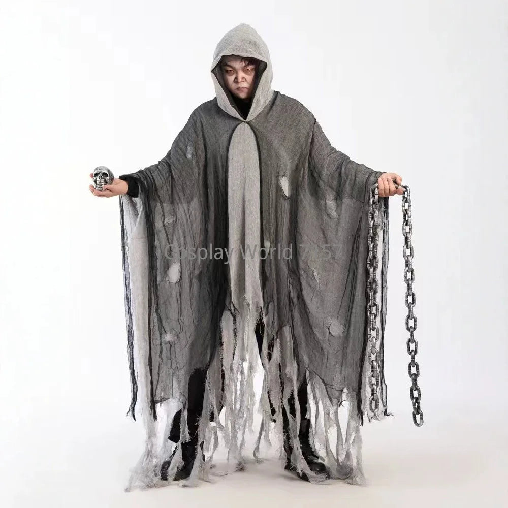 Adult Halloween Horror Reaper Costume Cloak Tattered Torn Gauze Hooded Ghost Cape, Scary Zombie Witch Wizard Robe Carnival Party