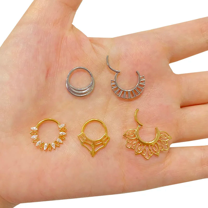 ASTM F136 Titanium Nose Rings PIERC Fan-shaped and Side CZ Ring Hoop EAR Hinged Clicker Earring Labret Tragus Ring Body Piercing