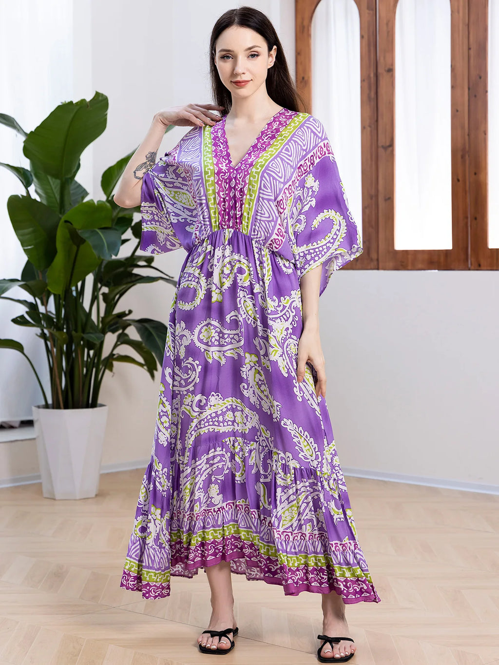 Bohemian Oversize Loose Elastic Waist Maxi Dresses Women Robe Cotton Rayon Floral Printed Long Dress Summer Boho Beach Cover up