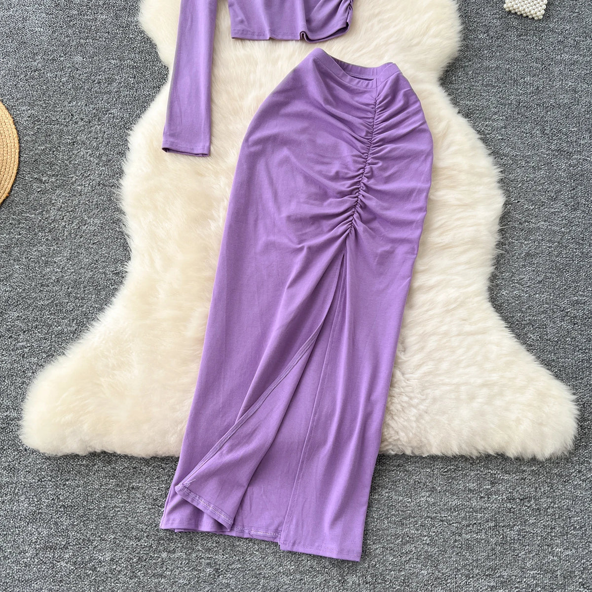 Chic Two-piece Sets One Shoulder Long Sleeve Diagonal Collar Blouse Basics High Waist Split Skirt High Street Vintage Clothing