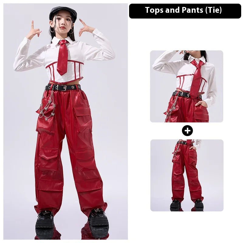 Girls Hip Hop Crop Top Pu Leather Cargo Pants Child School Uniform Costumes Kids Streetwear Jazz K-pop Street Dance Clothes Sets