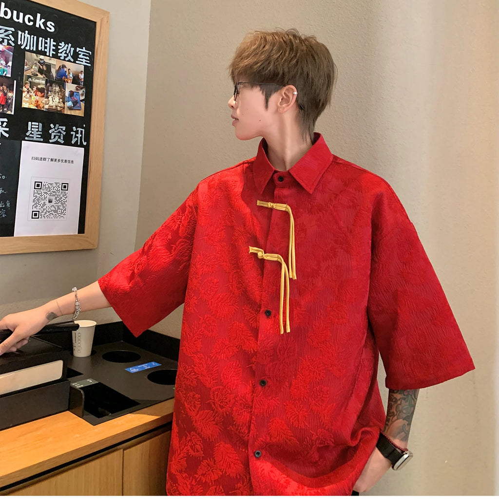 2024 Men Chinese Style Shirt Mens Tang Dress Hanfu Half-Sleeve Shirt Male Printing Kung Fu Outfit Loose Casual Tops