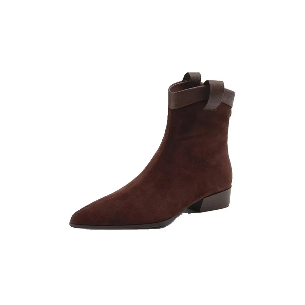 Women's Vintage Chunky Heel Ankle Boots Autumn Winter New Pointy Square Head Suede Back Zipper Soft Sole Non-slip Short Boots