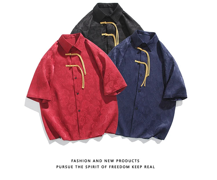 2024 Men Chinese Style Shirt Mens Tang Dress Hanfu Half-Sleeve Shirt Male Printing Kung Fu Outfit Loose Casual Tops
