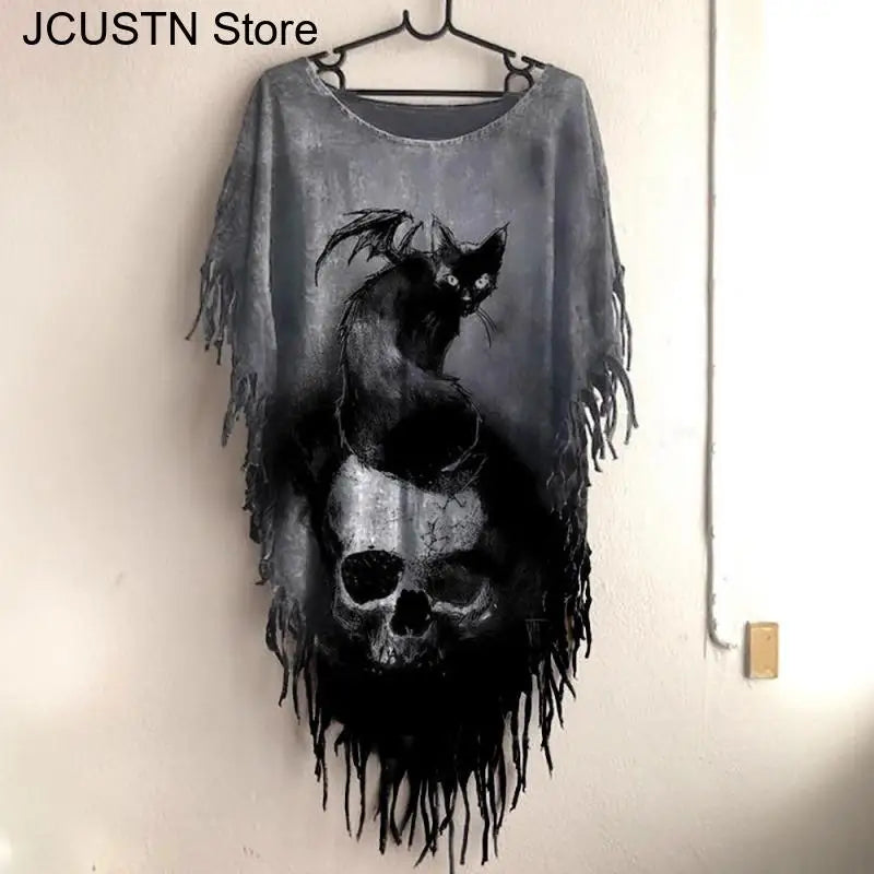 2025 New Halloween Party Costume Women Gothic Dark Skeleton Dress Long Tassel Clothing 3D Print Cloaks