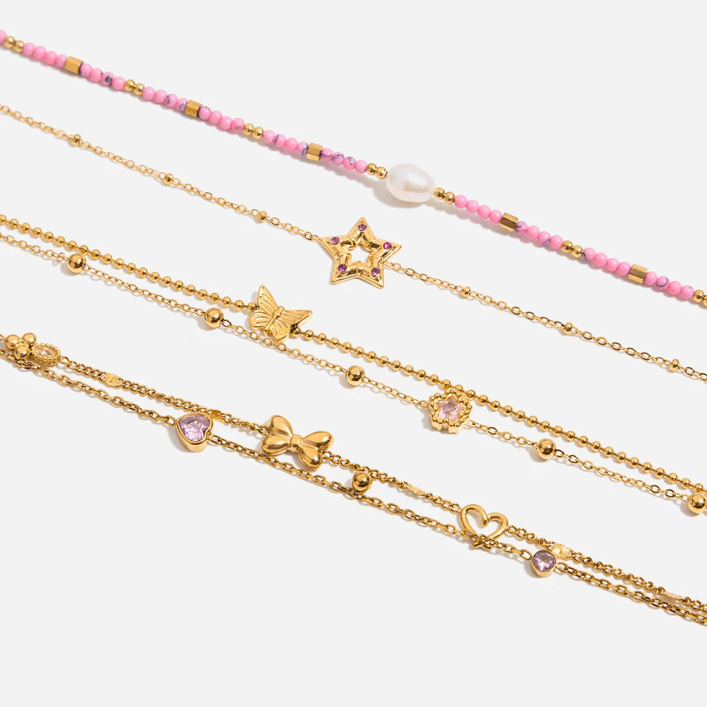 Zora Minimalist Girl's Bow Heart Rhinestones Double-layer Thin Bracelet 18K Gold-plated Stainless Steel Daily Stacking Jewelry