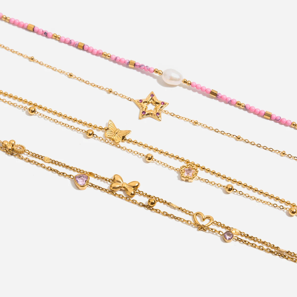 Zora Minimalist Girl's Bow Heart Rhinestones Double-layer Thin Bracelet 18K Gold-plated Stainless Steel Daily Stacking Jewelry