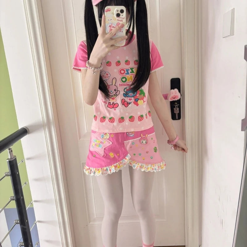 Japanese Kawaii Cartoon Print Tshirts Harajuku Contrast Patchwork Lace Fairy T-shirt Women Y2k Aesthetic Grunge Cropped Tees