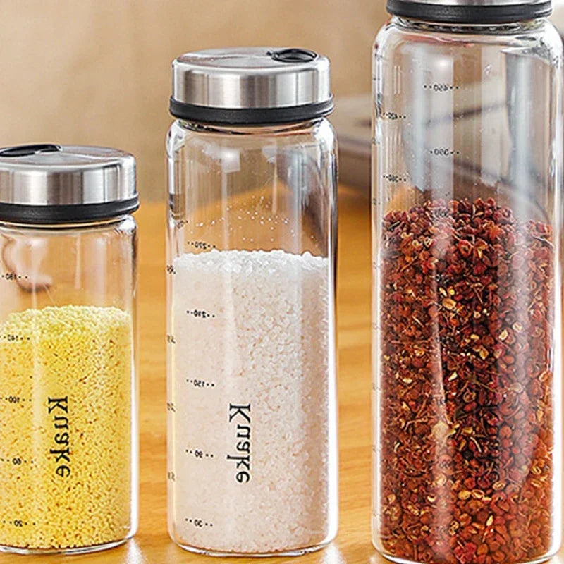 Bote de especias de vidrio de borosilicato alto para pimienta, sal, sésamo, condimento sólido, botella sellada con tapa giratoria