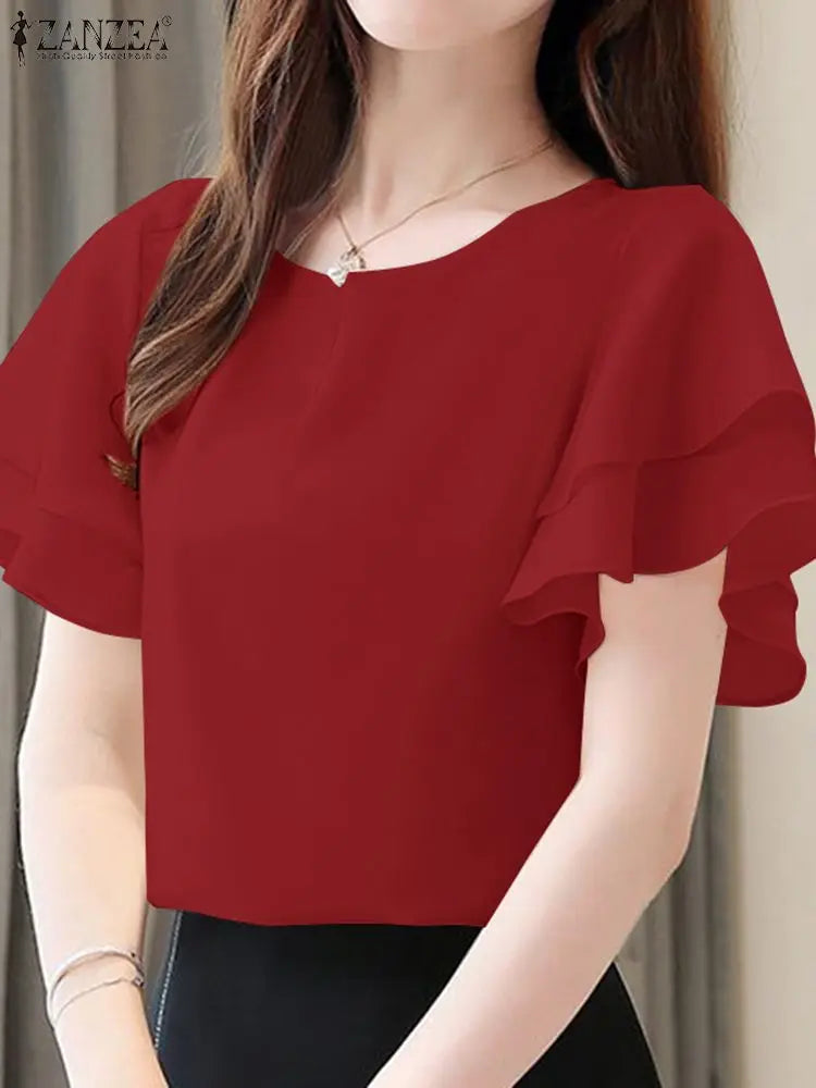 Elegant Women Short Sleeve Office Shirt ZANZEA Summer Blouse Fashion Solid OL Work Tops O Neck Blusas Tunic Ruffles Chemise