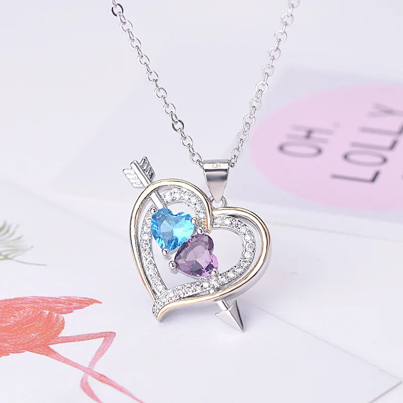 925er Sterling Silber Herz-zu-Herz-Anhänger-Halsketten für Frauen Mädchen Luxus Lila Blau Zirkon Liebe Damenschmuck Dropshipping